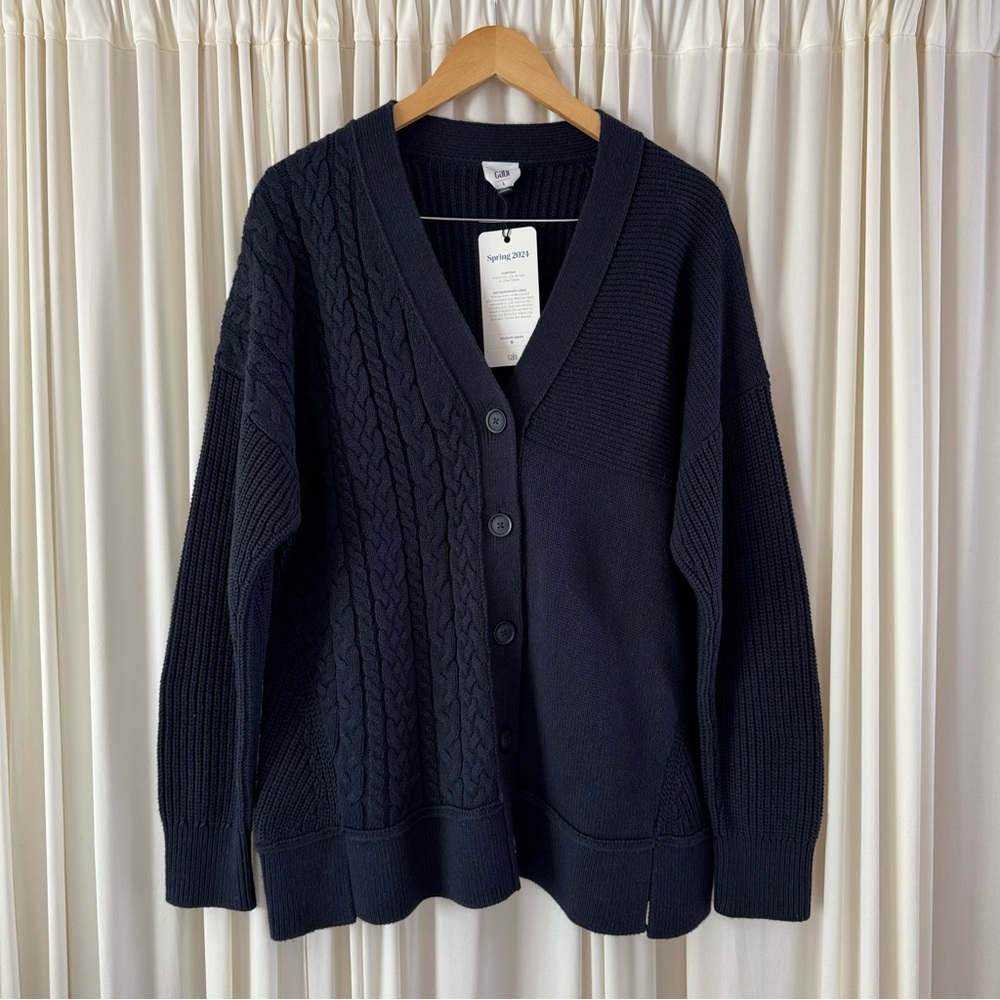 Cabi Spring 24 Textbook Dark Navy Cable Knit Sweater NWT Size Large Academia - Picture 2 of 7
